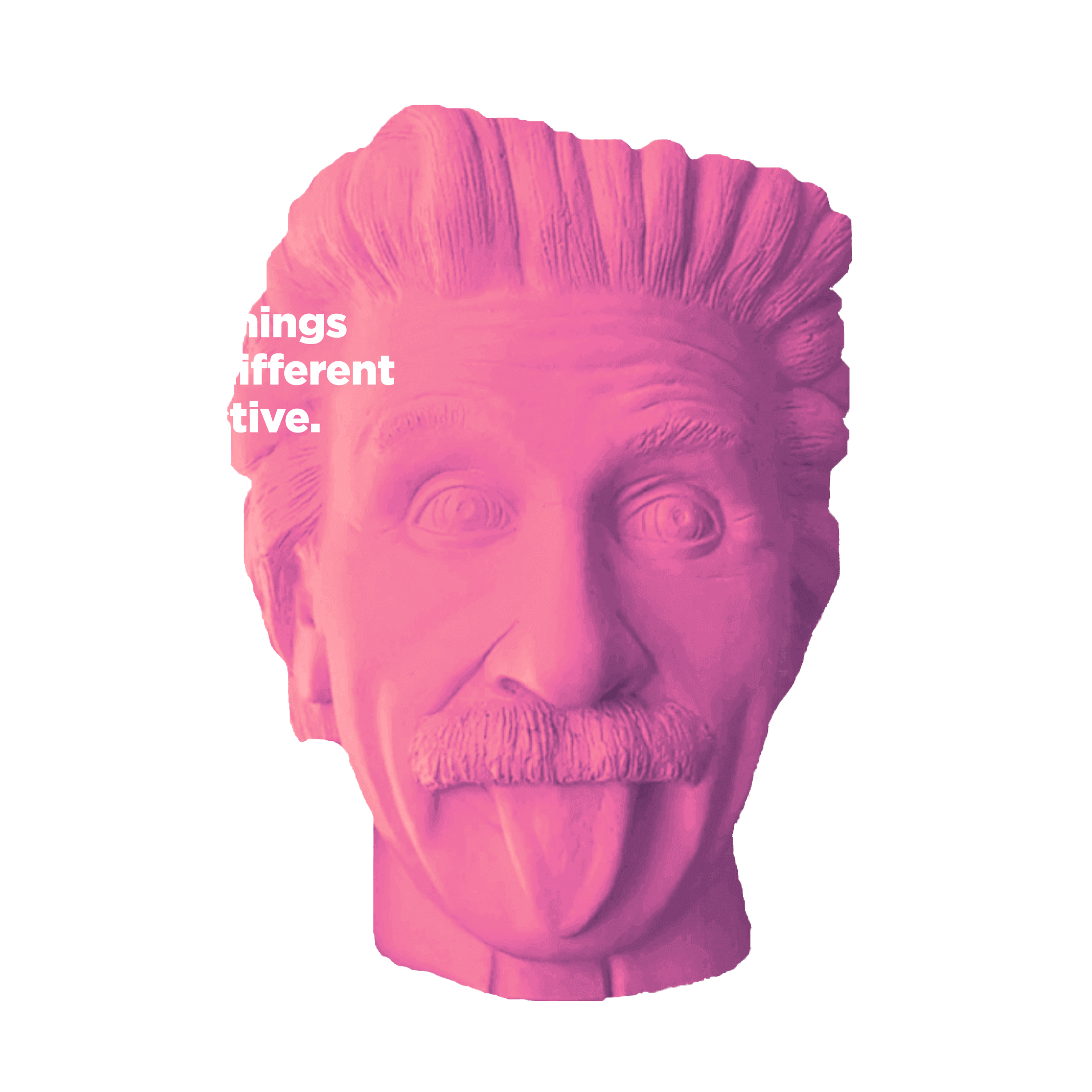 Einstein's sculpture head in pink color with the tongue out and phrase we see things from a different perspective