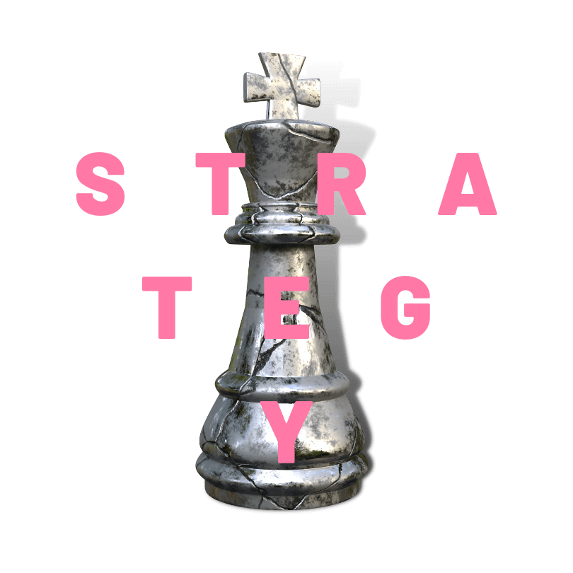 The word strategy in pink letters and a cracked Chess King piece in silver color means brand strategy services