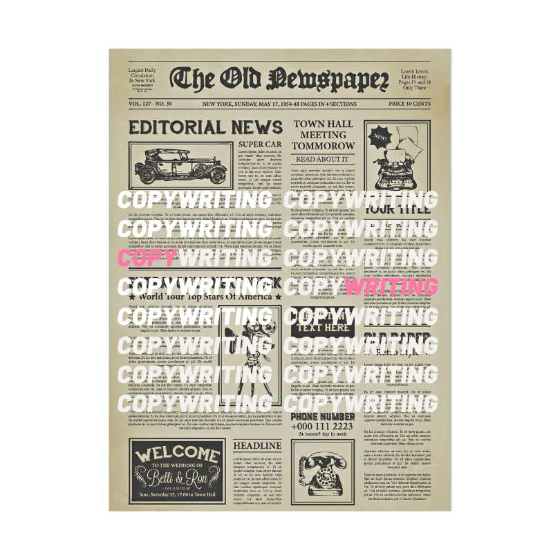 old newspaper with articles in front of them writes the words copywriting with white and pink letters