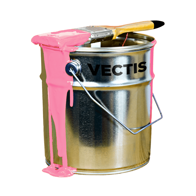a silver bucket with the word Vectis and a wooden brush on top with pink paint meaning Logo services