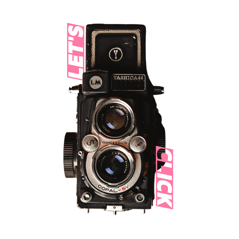 old photography with pink letters saying let's click meaning photography services