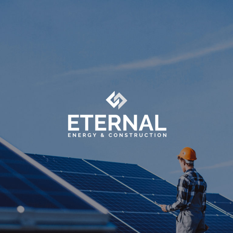 Man wokring in enery system panel and the logo of Eternal company.