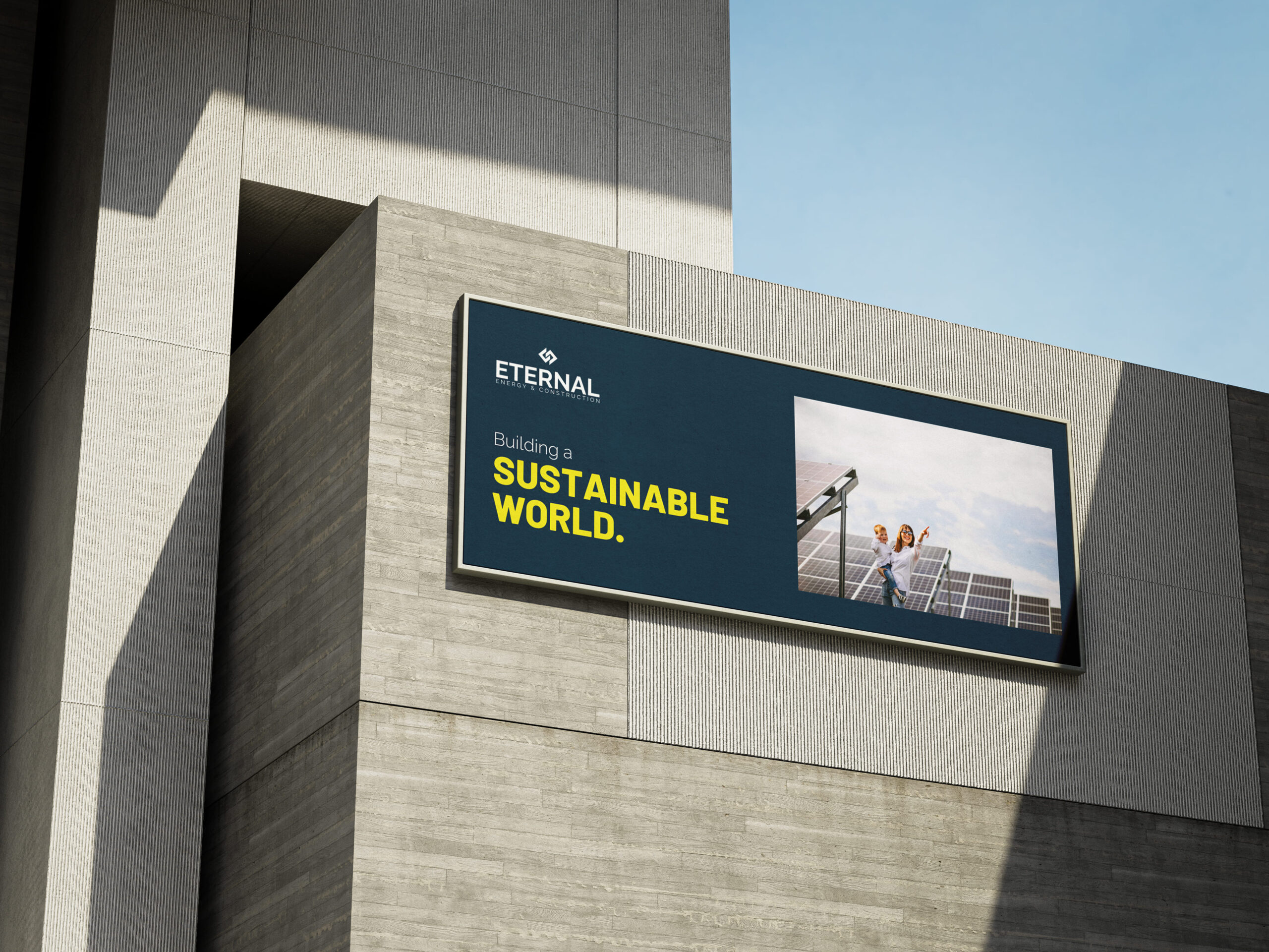 Billboard with the logo Eternal a mother with her child in enegry panel and the words building a sustainable world.