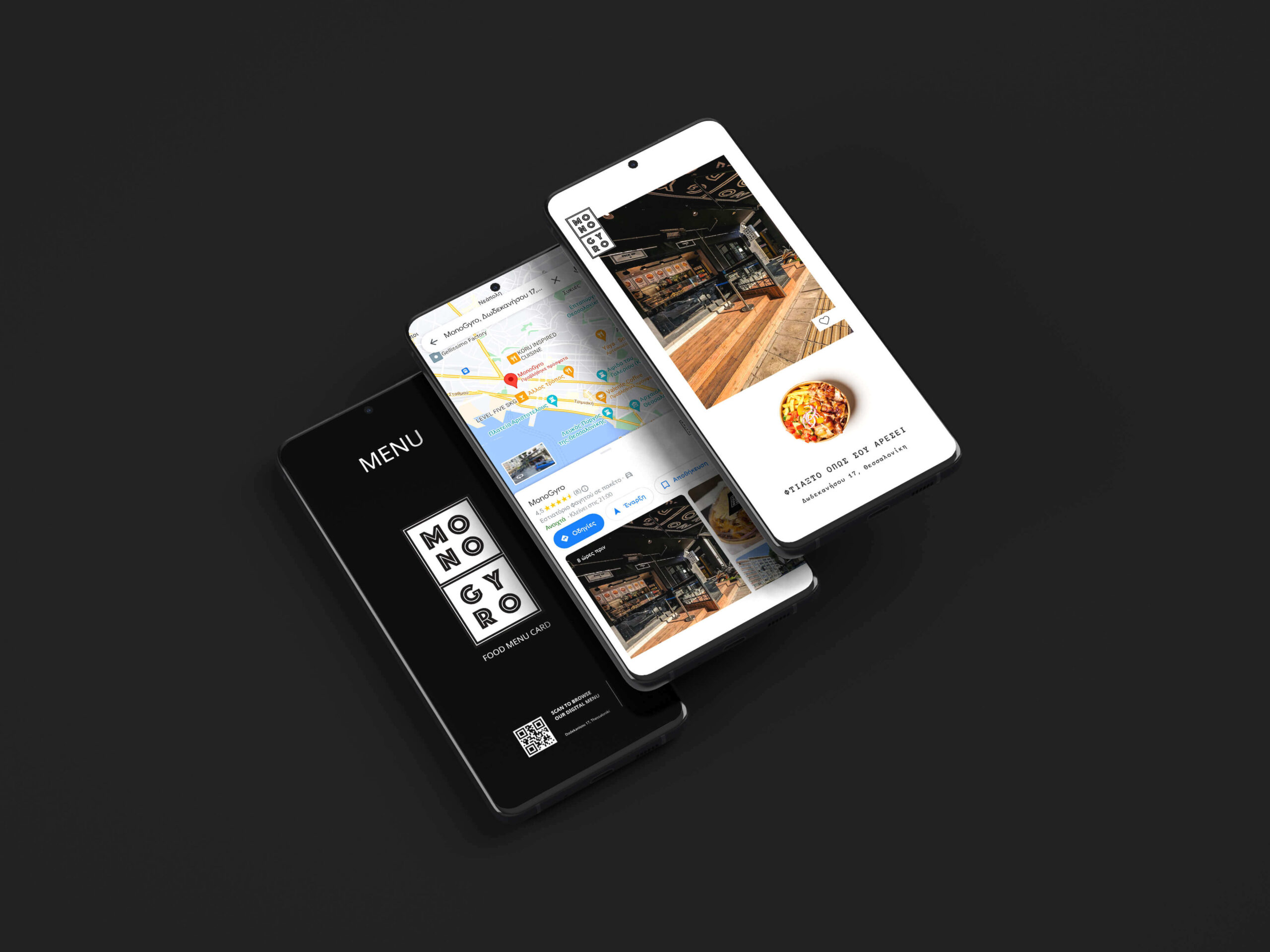 3 iPhones. First logo menu of Monogyro. Second Google Maps where is the restaurant. Third a graphin design photo with the restaurant.